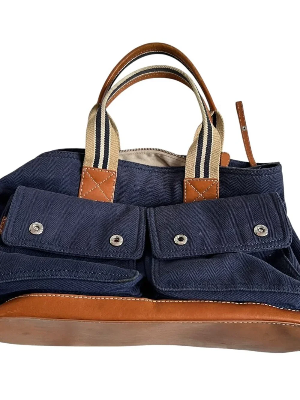 Pottery Barn Kids tote bag diaper navy blue canvas brown leather